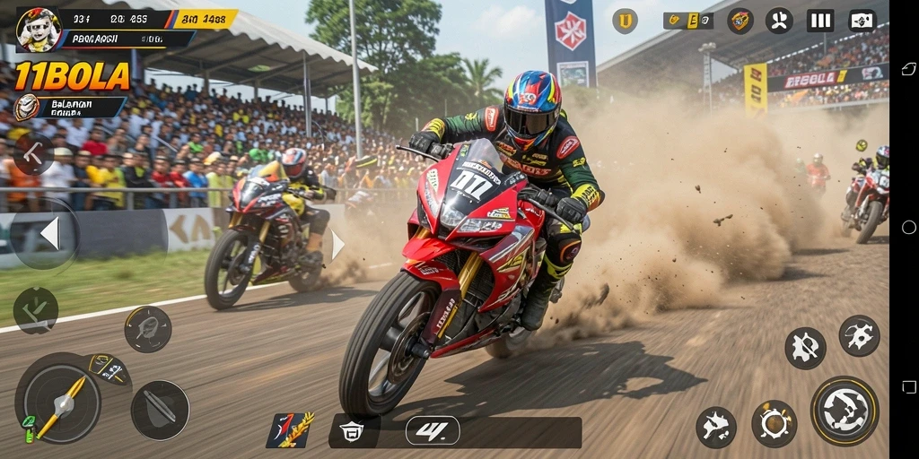 Tampilan gameplay <strong>11BOLA</strong> dengan motor balapan yang cepat dan trek menantang.