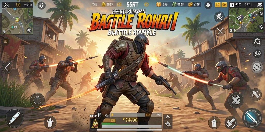 Screenshot menampilkan aksi seru di medan perang Battle Royale.