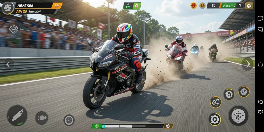 Screenshot dari gameplay balapan motor menegangkan di API36.