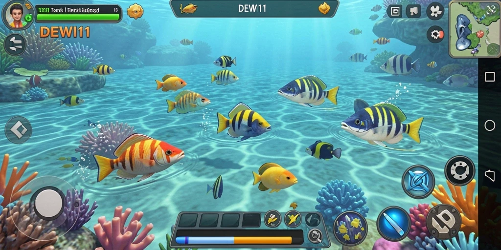 Screenshot DEWI11 menampilkan aksi seru menangkap ikan.