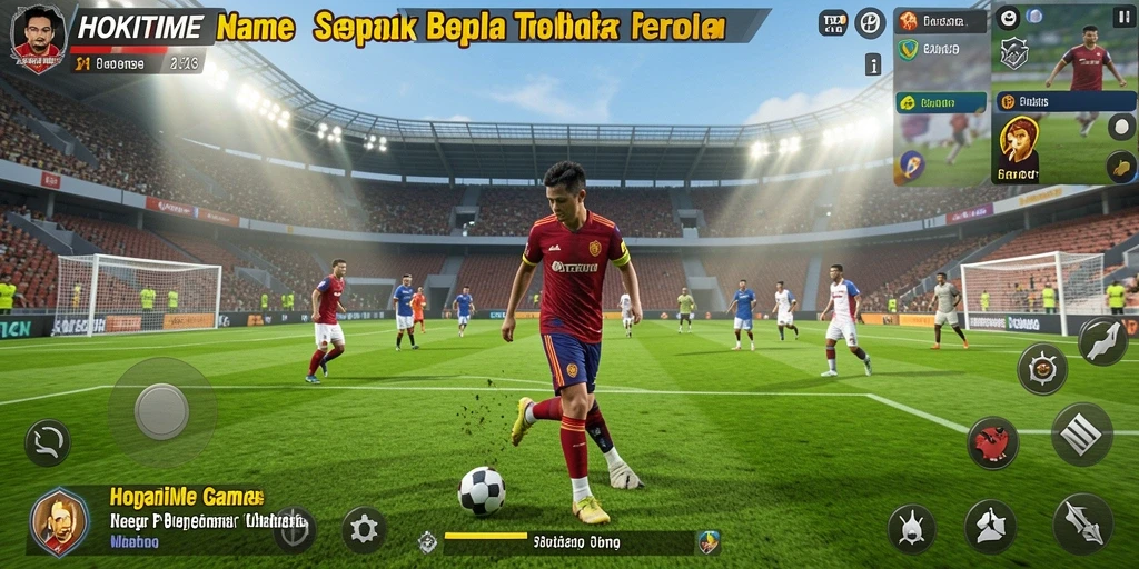 Tangkapan layar permainan HOKITIME menampilkan aksi sepak bola yang seru.