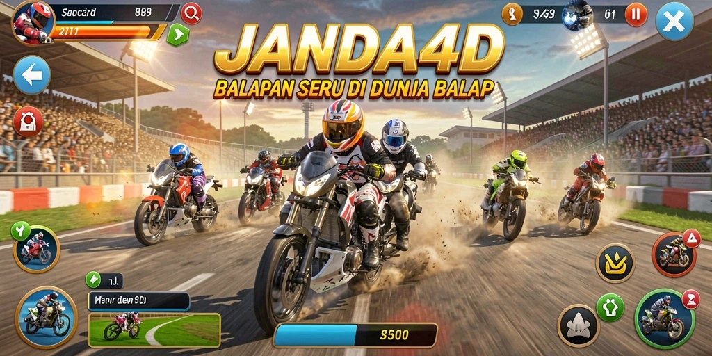 Screenshot utama JANDA4D dengan aksi balap yang mendebarkan.