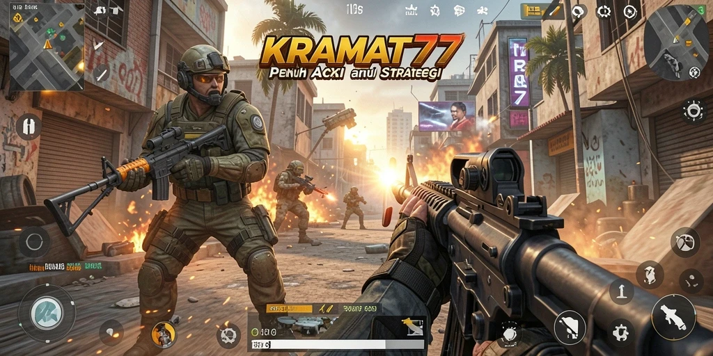 Gameplay KRAMAT77 dengan grafis menawan dalam pertempuran FPS.
