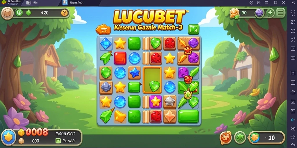 Tampilan gameplay seru dari LUCUBET dengan gem Match-3 yang berwarna-warni.