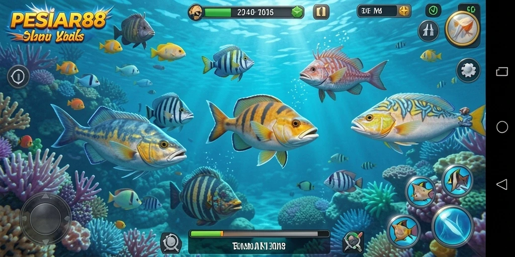 Screenshot gameplay PESIAR88 menampilkan aksi tembak ikan yang seru.