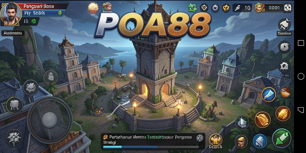 Screenshot gameplay menampilkan menara strategis dan gelombang musuh.