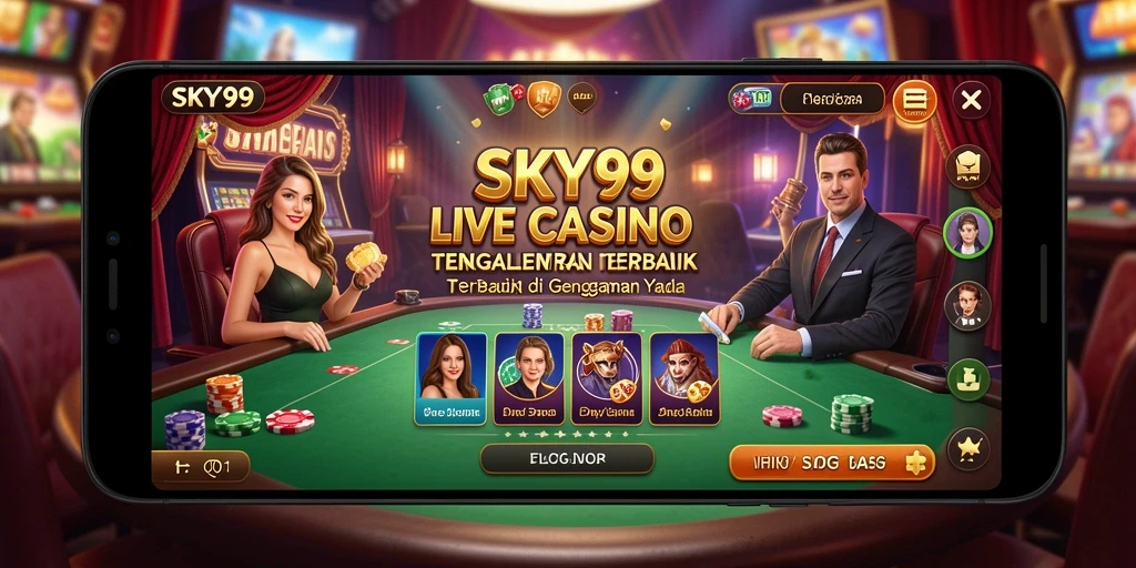 Screenshot gameplay Live Casino di SKY99, menunjukkan dealer dan permainan langsung.