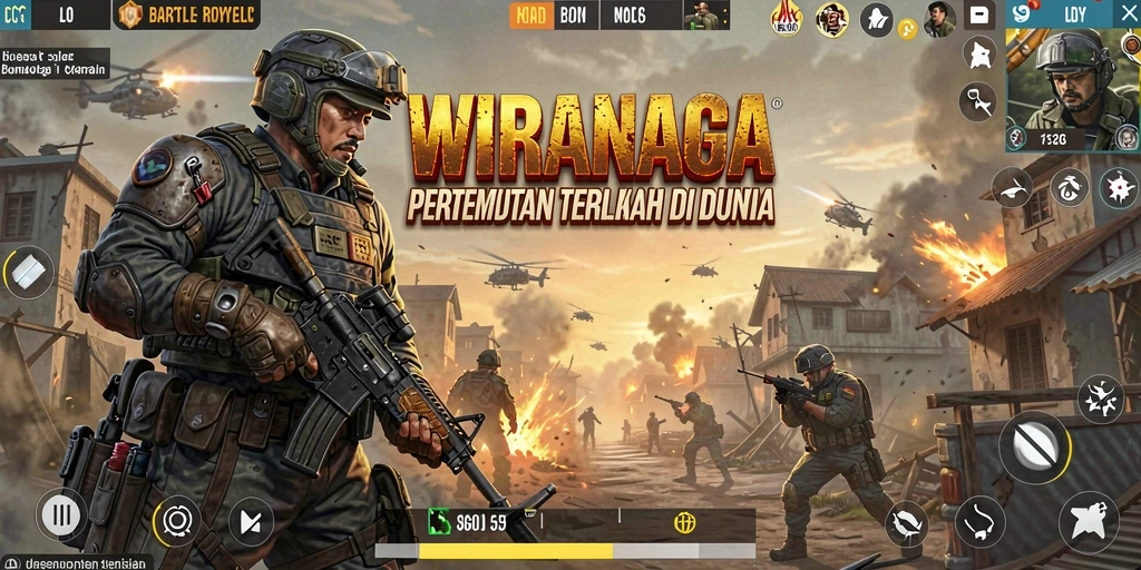 Screenshot utama WIRANAGA menampilkan aksi pertempuran epik di arena Battle Royale.